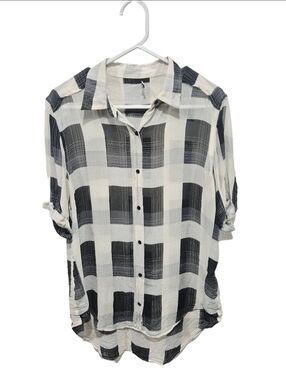 Aritzia Wilfred Silk Plaid Button-Down Shirt Sheer Tunic Blouse Black Cream